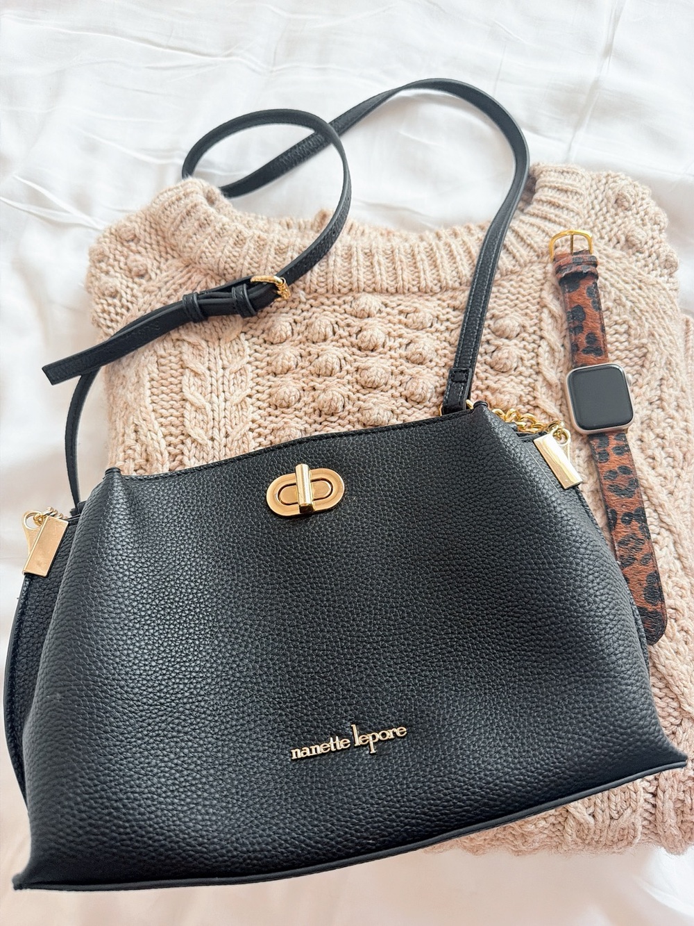 Nanette Lepore Black Pebbled Leather Crossbody with Gold Hardware
